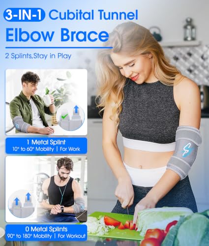 Cubital Tunnel Elbow Brace for Women and Men, Elbow Support for Ulnar Nerve Gray-Fits More