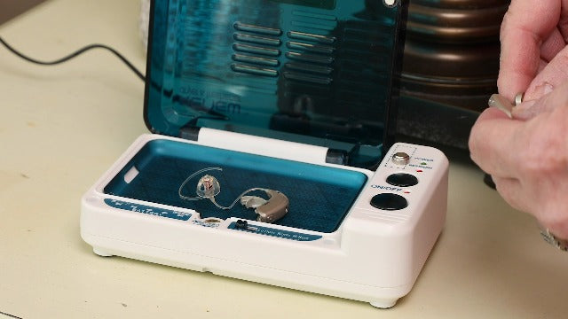 Hearing Aid Dryer Dehumidifier – Cochlear Implant & Hearing Aid Cleaner Removes Sweat & Moisture from Hearing aids & Wireless Earbuds in High Humidity – Hearing Aid Dehumidifier by Serene Innovations