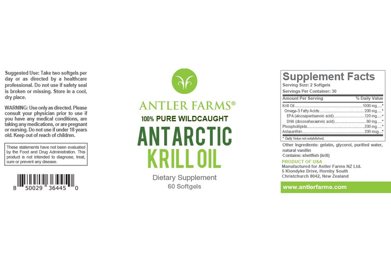 Antler Farms - 100% Pure Wild Caught Antarctic Krill Oil from Cold, Pristine Waters, 60 Softgels – Clean, Omega-3 EPA + DHA Supplement w/Astaxanthin, Rapid Absorption (Pack of 2) 60 Count (Pack of 2)