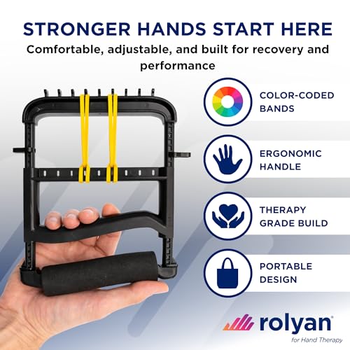 Rolyan Ergonomic Hand Exerciser with Padded Handle, Adjustable Squeeze Tool, 4 Pairs of Rubber Bands for Progressive Resistance, Improves Hand Grip Strength in Fingers, Hand, & Thumb, Black