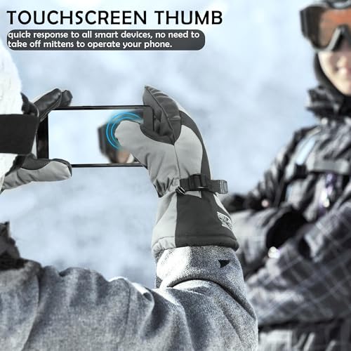 3-Finger Ski Gloves, Waterproof Warm Touchscreen Winter Mens Mittens Grey X-Large