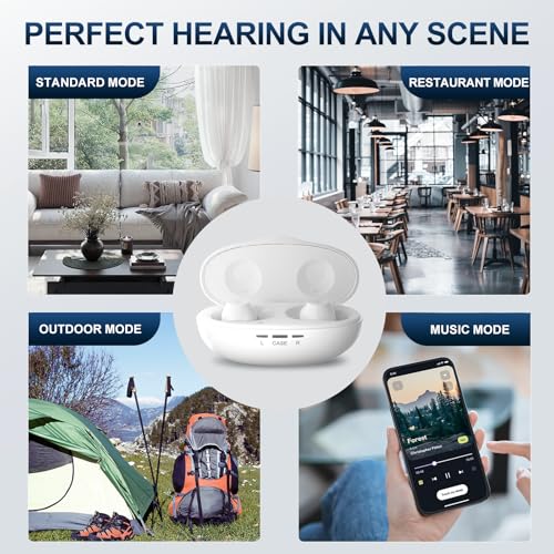 JINGHAO Rechargeable Digital Hearing Aids for Seniors Adults In-Ear Discreet Design, In-Ear Touch Control Automatic Noise Cancellation, Volume Levels, 4 Scene Modes, 120H Long Battery