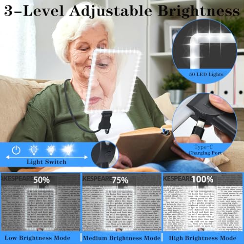 5X Magnifying Glass with Light, Hands Free Neck Hung Magnifying Glass, Dimmable 3-Setting 50 LED Lights Large View Magnifier for Reading Books,Sewing