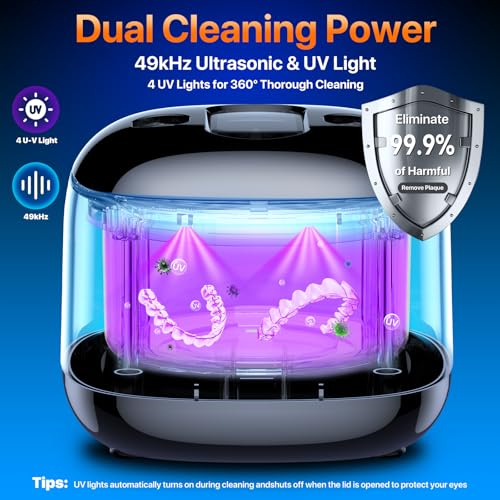 Ultrasonic Retainer Cleaner Machine, 49KHz 220ML Dental Cleaning Pod with Digital Timer, Deep Cleaning Ultrasonic Dentures Cleaner for Night Guards, Braces, Aligner, Toothbrush, Jewelry Black