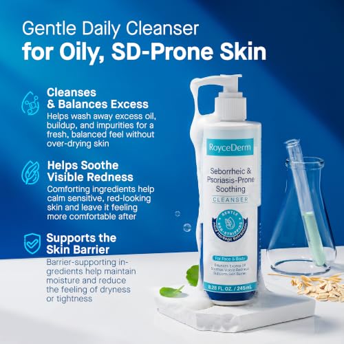 Roycederm Seborrheic Dermatitis Face & Body Wash - Foaming Daily Face Wash for SD-Prone and Psoriasis-Prone, Oily, Flaky, Redness-Prone and Sensitive Skin - Fragrance-Free, 8.45 Fl Oz