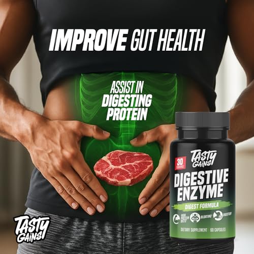 TASTY GAINS - Digestive Enzymes - Complete Digestive Enzymes Supplement for Gut Health, Bloating Relief for Men and Women - Food Discomfort Relief & Debloat (60 Capsules)