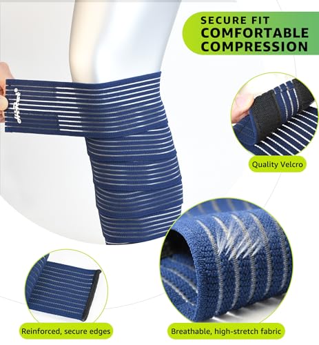 HiRui Calf Compression Wraps, 71" Adjustable Elastic Bandage Sleeves, Lower Leg Calf Support for Men & Women, Shin Splints Relief, Varicose Veins, Fitness, Running, Basketball, Soccer (2, Navy Blue) 2