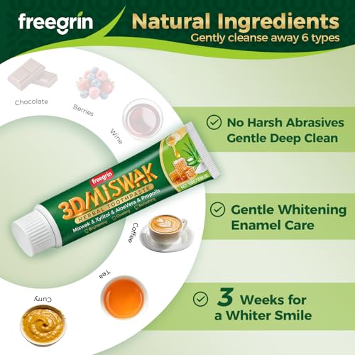 6 Pack Organic Miswak Herbal Whitening Toothpaste | Gums & Refreshing-with Miswak & AloeVera Leaf & Propolis Extract,Xylitol- 100% Fluoride Free & Vegetable Base | 3.52OZ 6 Count (Pack of 1)