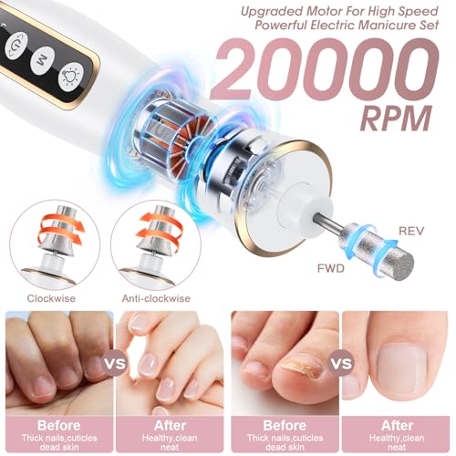 Hoxida Cordless Nail Drill 2000RPM,Electric Nail File with 360° LED Light White