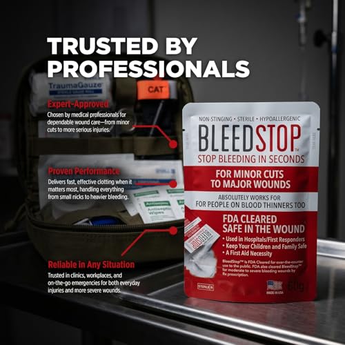 BleedStop™ First Aid Powder for Blood Clotting, Trauma Kit, Blood Thinner Patients, Camping Safety, and Survival Equipment for Moderate to Severe Bleeding Wounds or Nosebleeds - 4 (15g) Pouches 15g (4 Pack)