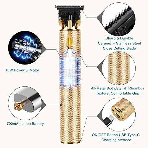 Professional Hair Clippers for Men Electric Haircut Kit Hair Trimmer Grooming Waterproof Rechargeable Close Cutting T Blade Trimmer USB Rechargeable Clippers for Hair Cutting with Guide Combs Gold