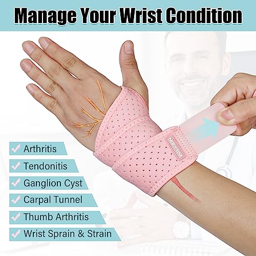 NURCOM 2 Pack Wrist Brace, Adjustable Compression, Pink One Size