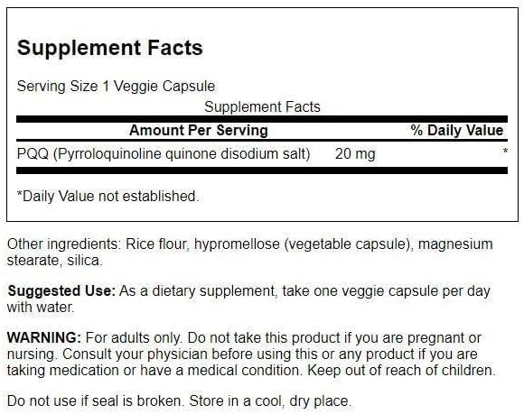 Swanson Pqq Pyrroloquinoline Quinone 20 mg, 30 Veg Capsules | PQQ Promotes Function of the Mitochondria, the Energy Centers of Cells, to Support Brain and Cardiovascular Health 30 Count (Pack of 1)