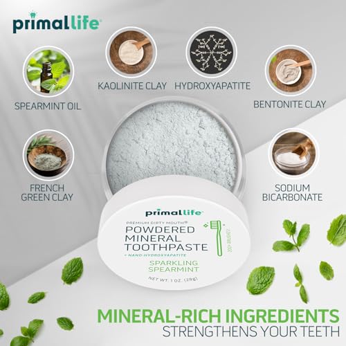Primal Life Organics - Dirty Mouth Toothpowder, Tooth Cleaning Powder, Flavored Essential Oils with Natural Kaolin & Bentonite Clay, Good for 200+ Brushings, Paleo, Organic, Vegan (Spearmint, 1 oz) 1 Ounce (Pack of 1) Sparkling Spearmint