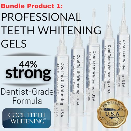 Pro Strength Teeth Whitening Gel Bundle 44% Carbamide Peroxide Gel with 5 Syringes & Moldable Whitening Trays (4 Pc) and Cases Enamel Safe, Removes Coffee Stains for a Bright White Smile