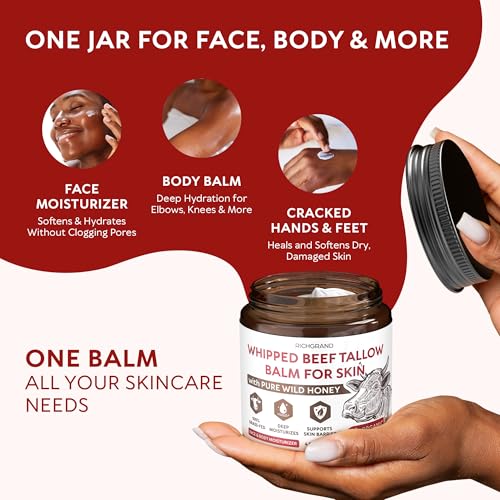 RICHGRAND Beef Tallow for Skin 2 Pack - Whipped Tallow and Honey Balm - Grass Fed Beef Tallow for Face, Daily Moisturizer & Body Butter - Natural Non Comedogenic Skincare (8.6 oz) 4.3 Ounce (Pack of 2) Unscented