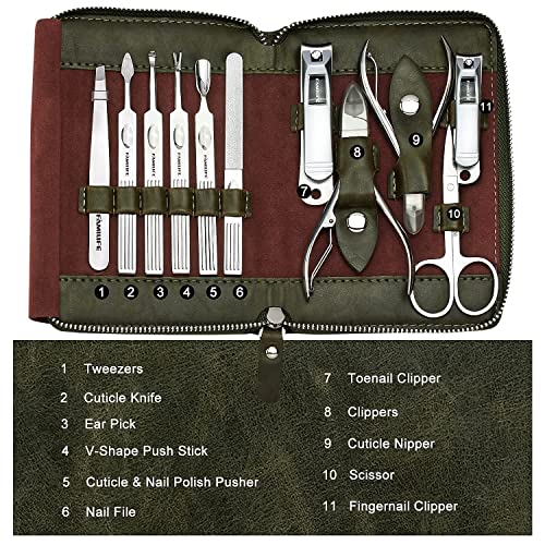 FAMILIFE Manicure Set, Nail Kit 11 in 1 pedicure kit Stainless Steel Mens Manicure Kit Leather and Gifts for Men, and 16pcs Manicure Set Nail Clippers Pedicure Kit Manicure Kit Nail Clipper Set