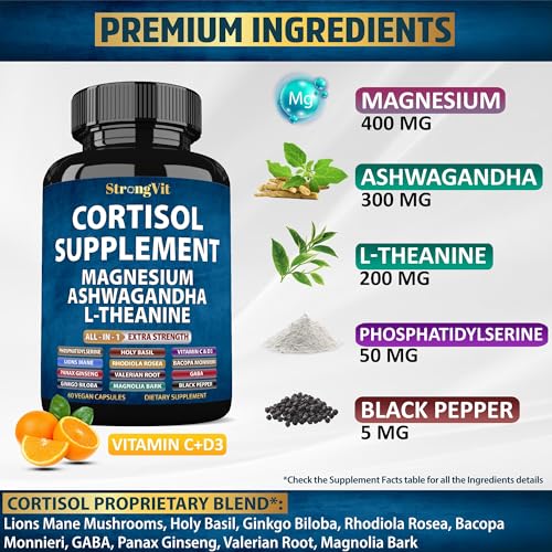 Cortisol Supplements for Women and Men with Magnesium, Ashwagandha 60 Caps 60 Count (Pack of 1)