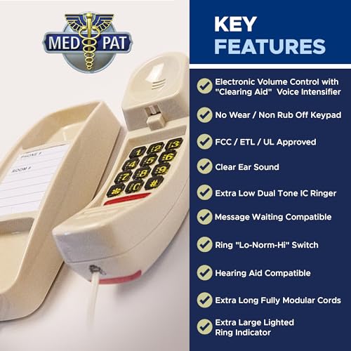 Med-Pat T-4 Full-Featured Trimline Telephone w/Ring/in-Use Light Indicator - Corded Wall Phone w/Full Range Volume Control, Hearing Aid Compatible, Ideal for Hotel, Business & Landline Use- Cream