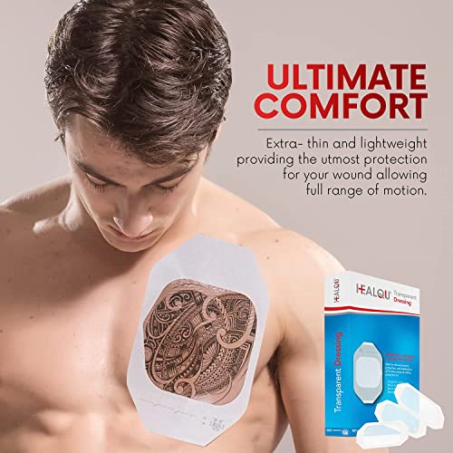 Transparent Film Dressing 4" x 4.75" (10 Pack) - Waterproof Adhesive Wound Bandages for Post-Surgical Shower, IV Shield, Tattoo Aftercare, Clear Breathable Dressing Patches by HEALQU 4"x4.7" (10 Pack)