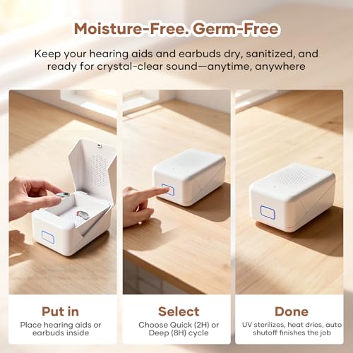 Vivtone DC03 Hearing Aid Dryer – 104°F Constant Heat Dehumidifier with UV LED, 2 / 8 Hour Auto Dry Modes – Portable Dry Box for Hearing Aids, AirPods & in Ear Devices White