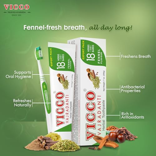 Vicco Vajradanti Fennel Ayurvedic Herbal Toothpaste - 70 Year Legacy of Ayurveda, with 18 Ayurvedic Herbs & Barks, Fluoride-Free - 7 oz (3 Pack)