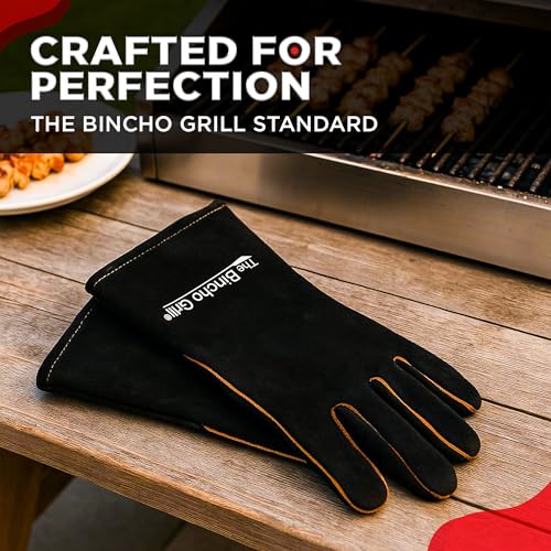 The Bincho Grill Fire Heat Resistant Gloves – 14 Inch 932°F Fireproof Leather Fireplace & BBQ Gloves for Grill, Oven, Wood Stove, Campfire, Welding (MIG/TIG) - Heavy-Duty