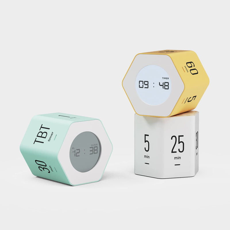 mooas Multi-Hexagon Clock Cube Timer, Digital Clock Time Timer, Pomodoro Timers, Backlit Display 12/24H Mode Count up & Countdown, Rotating Various time presets ideal for Classroom Gym Kitchen (White) White, Mint, Yellow