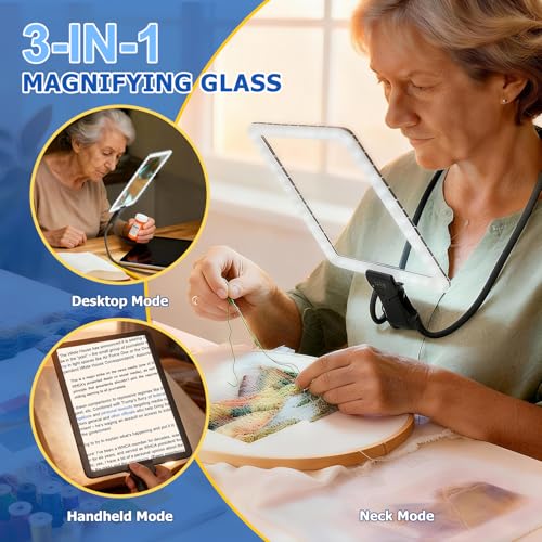 Large Hands-Free Magnifying Glass with 50 Ultra-Bright LED Light, Lightweight Lighted Neck Page Magnifier for Reading Books, Sewing, Knitting, Cross Stitch & Crafts for Close Work for Seniors.