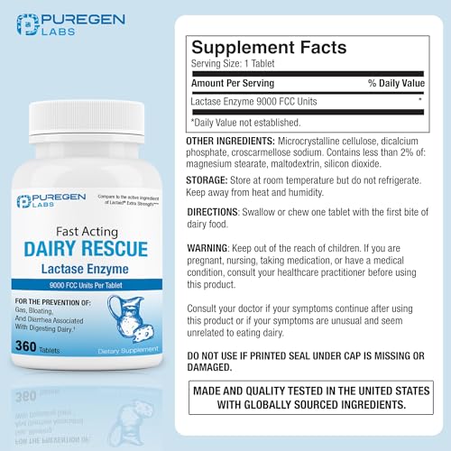 Puregen Labs Dairy Relief Fast Acting Lactase Enzyme 9000 FCC - 360 Tablets 1