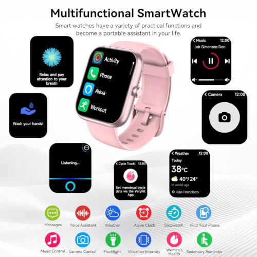 Smart Watch with Alexa Built-in 1.83" HD 2026 Health Fitness Tracker Bluetooth Calls and Notifications 120+ Sport Modes Heart Rate Sleep Monitor Fitness Watch IP68 Waterproof iPhone Android (Pink) Pink