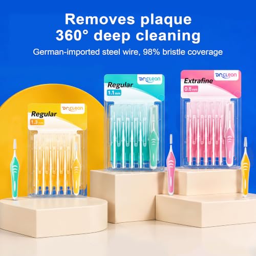 DR.CLEAN Interdental Brushes for Teeth, Dental Proxy Brushes for Tight Gaps Between Teeth, Flexible German Wire Tooth Picks for Braces, Implants & Hard-to-Reach Areas, Multiple Sizes Yellow 1.3mm Wide 6 Boxes / 36 Pieces