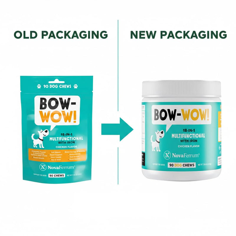 NovaFerrum Bow Wow | 18-in-1 Multifunctional with Iron Supplement for Dogs | Blood Support for Anemia | Glucosamine | Probiotics | Antioxidants | Chicken Flavor | 90 Chews