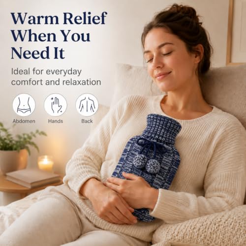 2L PVC Hot Water Bottle with Knitted Cover for Pain Relief, Hot & Cold Use Blue