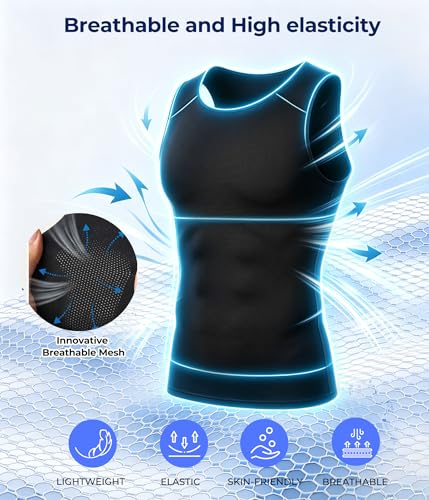 TAILONG Compression Shirt Men Shapewear - Instant Slimming Undershirt for Gynecomastia & Tummy Control Body Shaper Tank Top Large Black