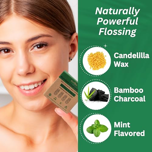 Bamboo Charcoal Dental Floss | 6 Refills + Metal Holder | Mint & Candelilla Wax | Vegan & Biodegradable