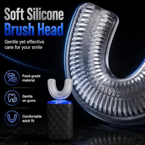 Sonic Automatic U Shaped Electric Toothbrush for Adults - 360° Full Mouth Cleaning, 5 Modes for Whitening & Gum Care, IPX7 Waterproof Rechargeable, Silicone Toothbrush Set Blck