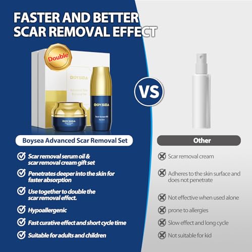 Boysea Scar Cream & Serum Oil, Advanced Scar Removal Set, Reduces Appearance of Keloids, C-Sections, Surgeries, Burns, Acne, 2 x 1.06 Oz Bottles