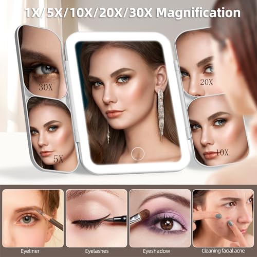 Tri-fold Vanity Mirror with Light,1X/5X/10X/20X/30X Makeup Magnifying Mirror with Lights,Rechargeable Travel Makeup Mirror with Foldable Stand,Dimmable in 3 Colors,Touch Control White