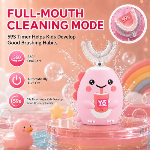 Kids U-Shaped Electric Toothbrush for Toddlers Ages 2-15 Girls, Sonic 360° Rechargeable Toothbrush Kids, 6 Brush Heads 6 Modes, IPX7 Waterproof Automatic 59S Timer - Pink