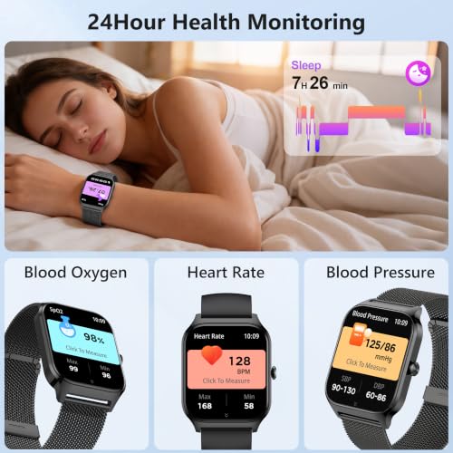 Smart Watch, 1.85" Smart Watches Women Men Make/Answer Call, Heart Rate/Blood Pressure/Sleep Monitor, 110+Sports Modes, Voice Control, Waterproof Fitness Watch Compatible for Android & iPhone Stainless Black
