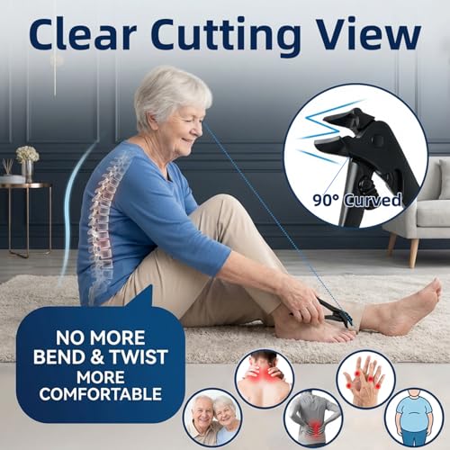 Ergonomic Curved Long Handle Nail Clippers - Pliers-Style Toenail Clippers, Easy Grip for Seniors and Thick Nails, Built-in Nail Catcher & Safety Switch (Silver) Silver