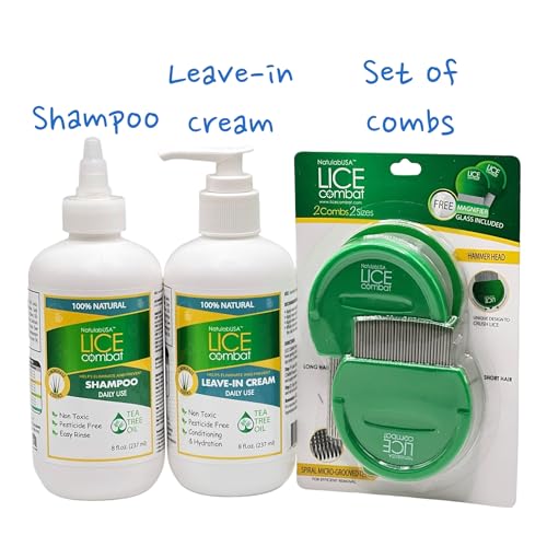 Lice Combat Treatment Kit | Shampoo, Leave-in Cream, Two Combs and Magnifying Glass | Manages Super Lice & Nits | Repels & Prevents | Pesticide Free | 100% Natural Essential Oils