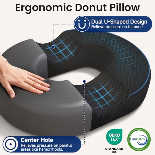 CloudBliss Donut Pillow Stadium Seat Cushion for Tailbone Pain Relief and Hemorrhoids, Memory Foam Seat Chair Cushion, Portable Seat Cushions for Bleachers, Car, Home & Office Black X-Large