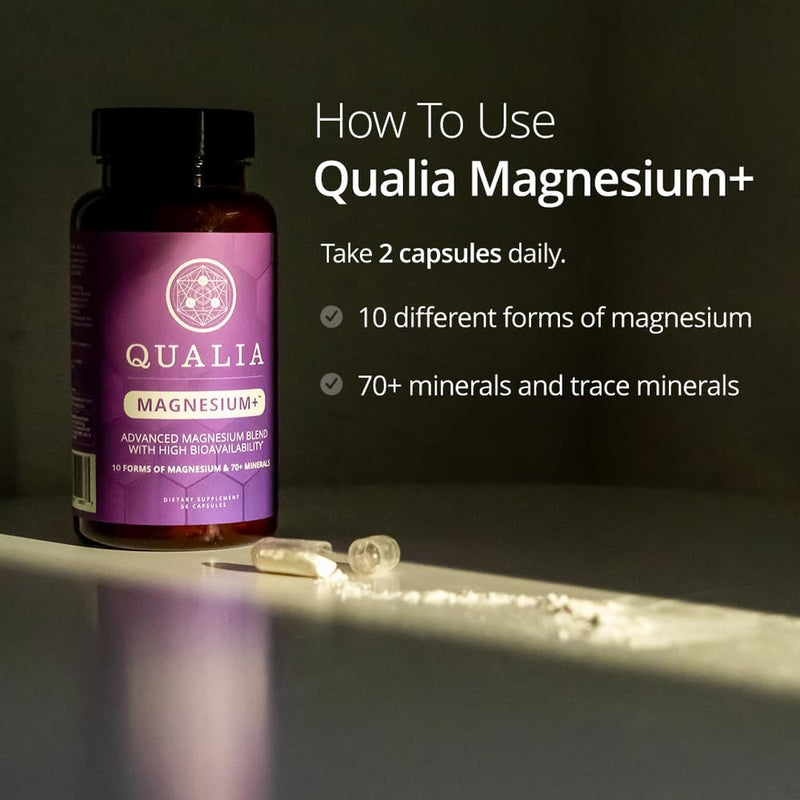 Qualia Magnesium Supplement with Glycinate, 10 Forms and 70+ Minerals | Magnesium complex for women & men with citrate & taurate, for sleep & muscle recovery; clinically studied, high absorption 56 Count (Pack of 1)