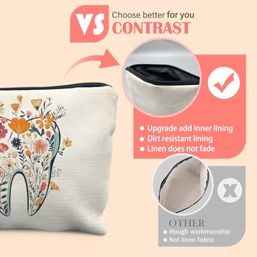 Dentist Gifts Makeup Bag for Women, Dental Assistant Hygienist Gifts Cosmetic Bag for Purse, Floral Tooth Dental Makeup Zipper Pouch