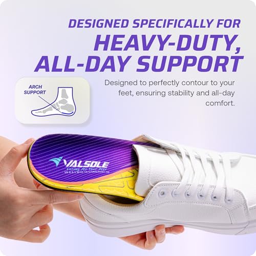 VALSOLE Heavy Duty Support Pain Relief Orthotics - 220+ lbs Plantar Fasciitis High Arch Support Insoles for Men Women, Flat Feet Orthotic Insert, Work Boot Shoe Insole, Absorb Shock with Every Step MEN 8-8 1/2 | WOMEN 10-10 1/2--(270mm) Yellow & Purple