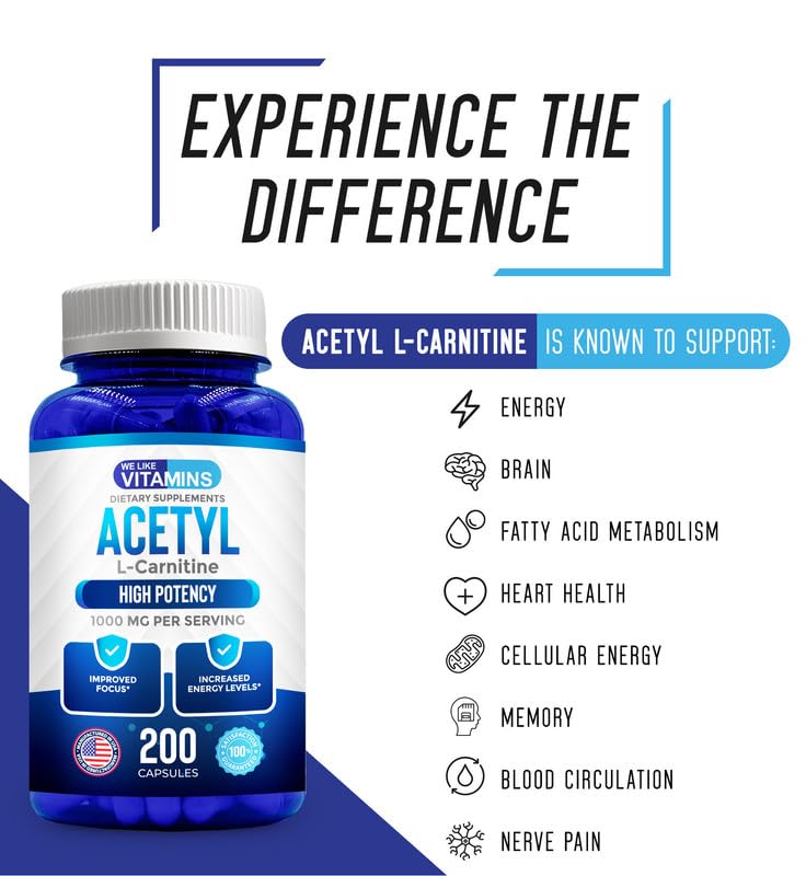 We Like Vitamins Acetyl L-Carnitine 1000mg Capsules - 200 Easy to Swallow Veggie Capsules - Acetyl l Carnitine Supplement Helps Support Focus, Brain Function, and Energy 200 Count (Pack of 1)