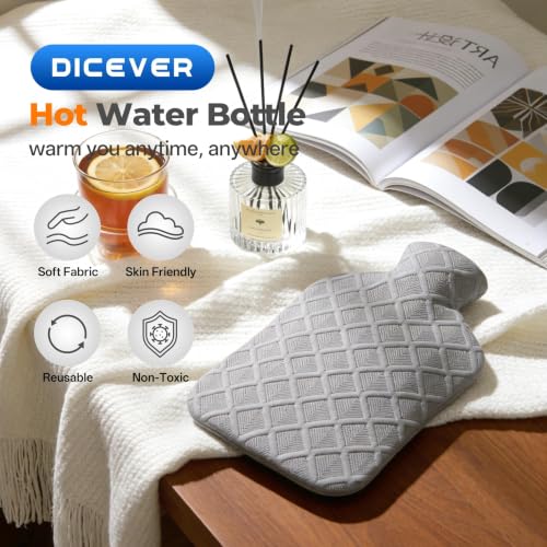 Hot Water Bottle with Soft Cover, 2L Hot Water Bag, Hot and Cold Therapies for Sore Muscles, Menstrual Cramps, Neck and Shoulder Pain Relief, Great for Women, Childs, Gray Light Gray