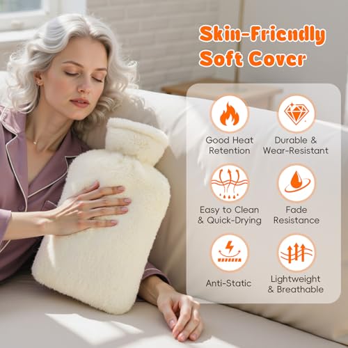 Dawdix 2L Natural Rubber Hot Water Bottle with Cover, Leakproof Design for Hot & Cold Compress, Ideal for Menstrual Cramps/Hand & Feet Warmer/Neck & Shoulder Pain Relief, Ultra-Soft Touch, Cream White